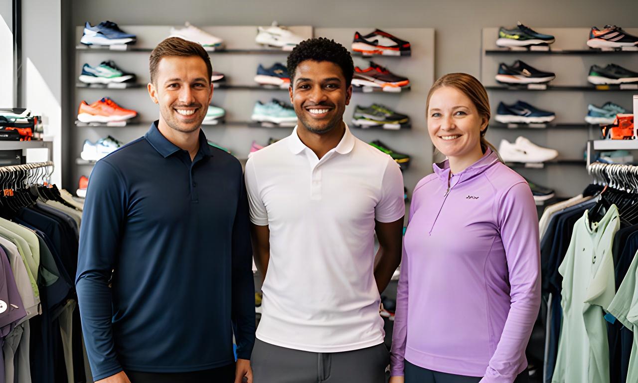 Drie sportadviseurs van een winkel in Westervoort staan samen in de winkel tussen sportartikelen